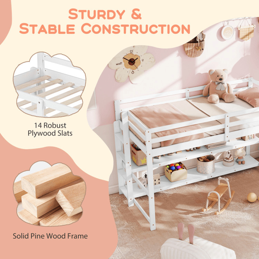 SpaceSaving Twin Loft Bed With Storage Shelves Perfect Kids House Bed For Small Rooms 2