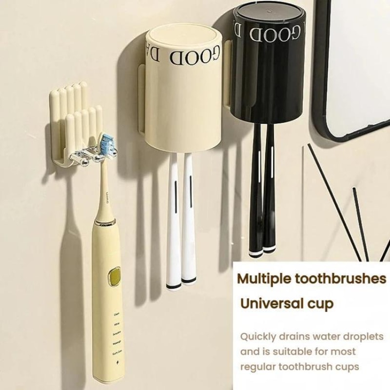 Wall Mounted Electric Toothbrush Holder with Mouthwash Cup Rack Space Saving Bathroom Organizer Cream