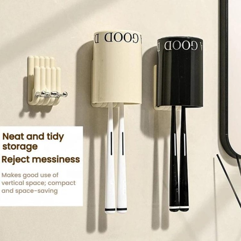 Wall Mounted Electric Toothbrush Holder with Mouthwash Cup Rack Space Saving Bathroom Organizer Cream