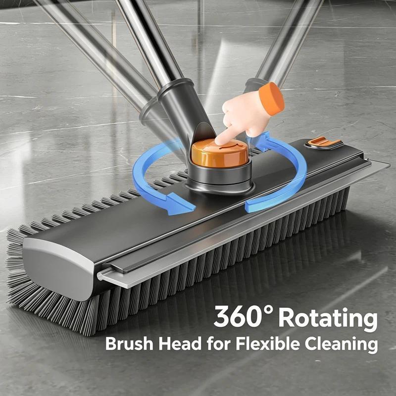Scrub Brush with Long Handle, V-Shaped Grout Brush & Squeegee for Tile & Bathroom Cleaning