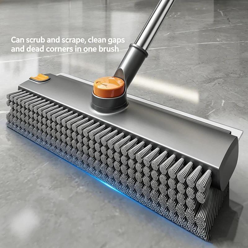 Scrub Brush with Long Handle, V-Shaped Grout Brush & Squeegee for Tile & Bathroom Cleaning