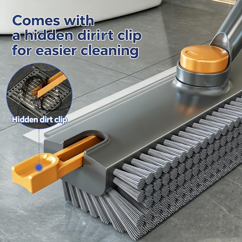Scrub Brush with Long Handle, V-Shaped Grout Brush & Squeegee for Tile & Bathroom Cleaning