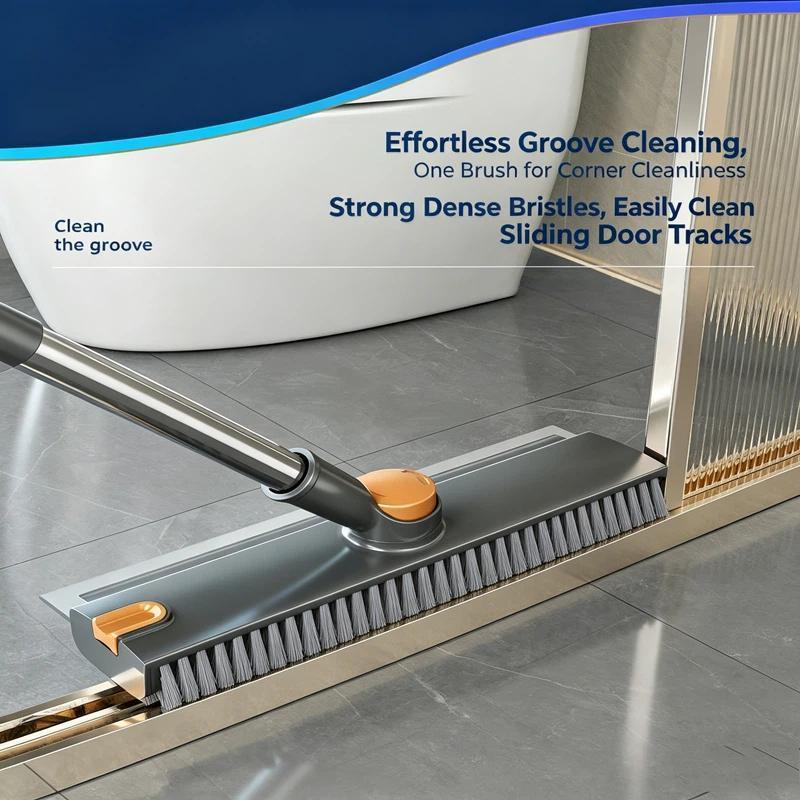Scrub Brush with Long Handle, V-Shaped Grout Brush & Squeegee for Tile & Bathroom Cleaning