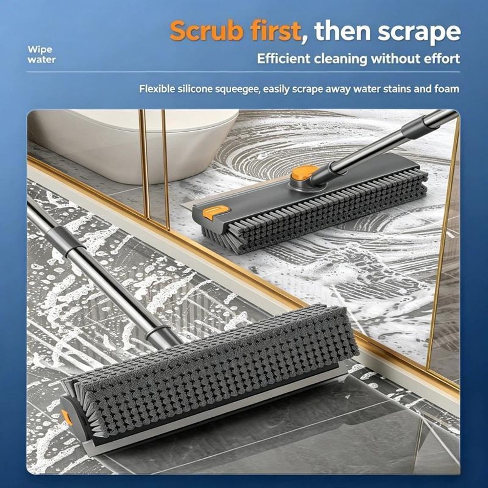 Scrub Brush with Long Handle, V-Shaped Grout Brush & Squeegee for Tile & Bathroom Cleaning