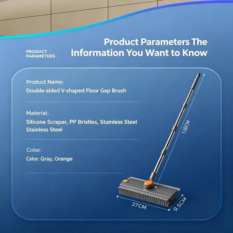 Scrub Brush with Long Handle, V-Shaped Grout Brush & Squeegee for Tile & Bathroom Cleaning