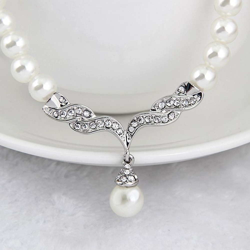 Bridal Pearl Necklace and Earrings Set Rhinestone Wedding Jewelry Set for Brides