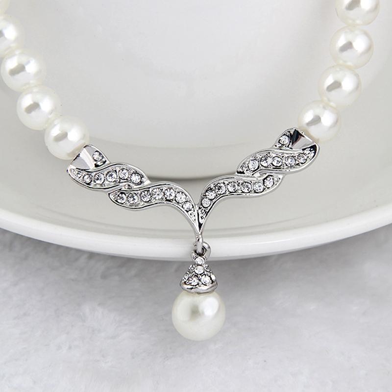 Bridal Pearl Necklace and Earrings Set Rhinestone Wedding Jewelry Set for Brides