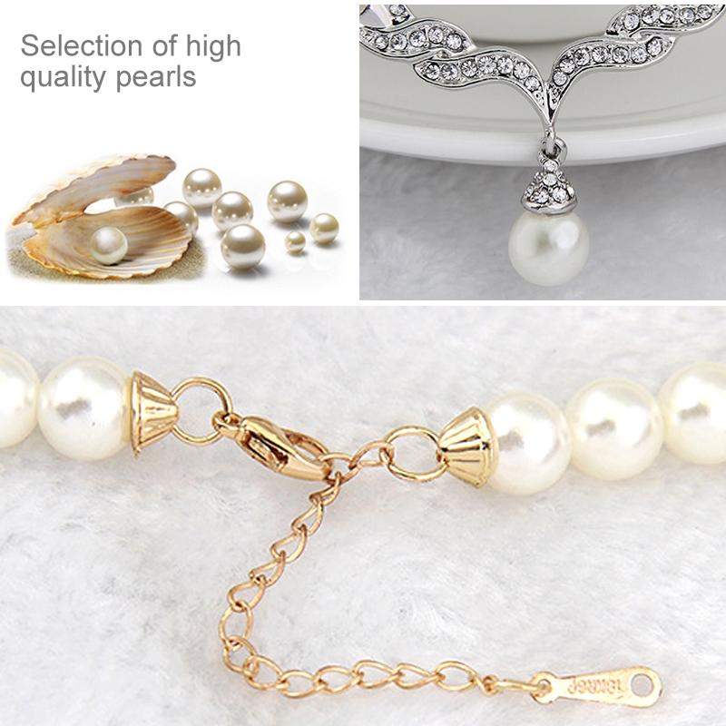 Bridal Pearl Necklace and Earrings Set Rhinestone Wedding Jewelry Set for Brides