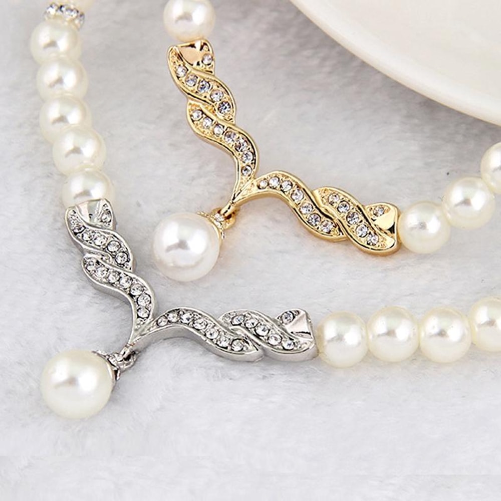 Bridal Pearl Necklace and Earrings Set Rhinestone Wedding Jewelry Set for Brides