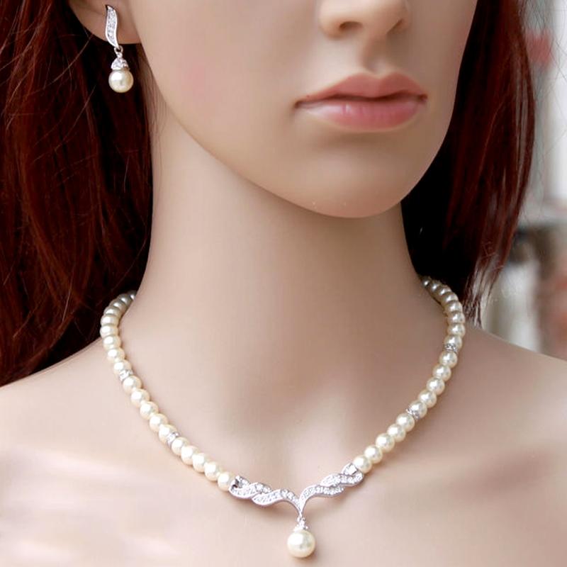Bridal Pearl Necklace and Earrings Set Rhinestone Wedding Jewelry Set for Brides