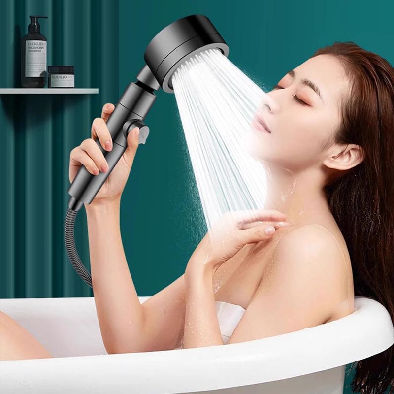 Three Setting Adjustable Pressurized Water Saving Shower Head with Stop Button Titanium Gray