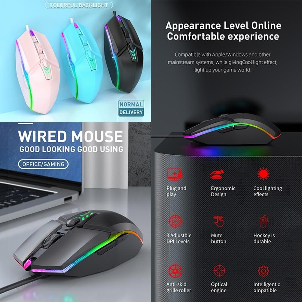 Wired Gaming Mouse Ergonomic USB Optical Mouse Adjustable DPI