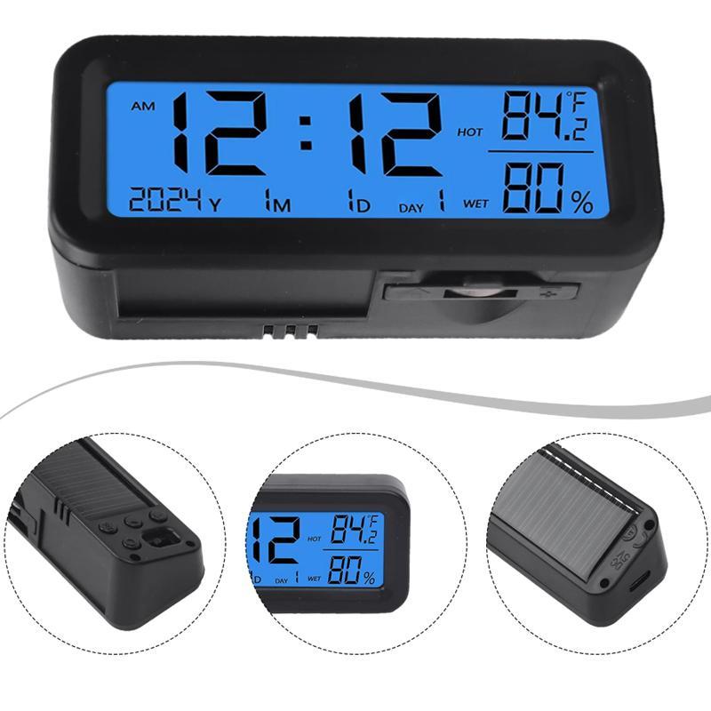Solar Car Dashboard Clock Thermometer Humidity Meter with Luminous Backlight
