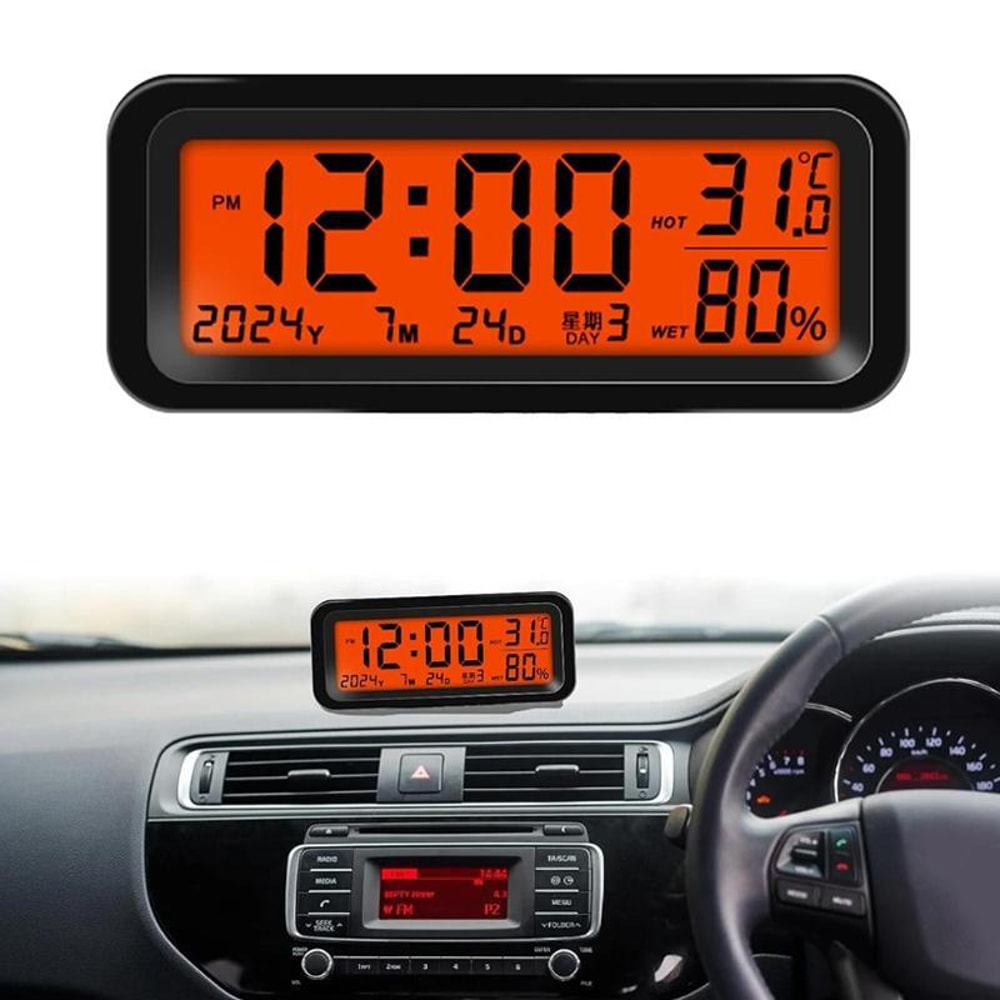 Solar Car Dashboard Clock Thermometer Humidity Meter with Luminous Backlight