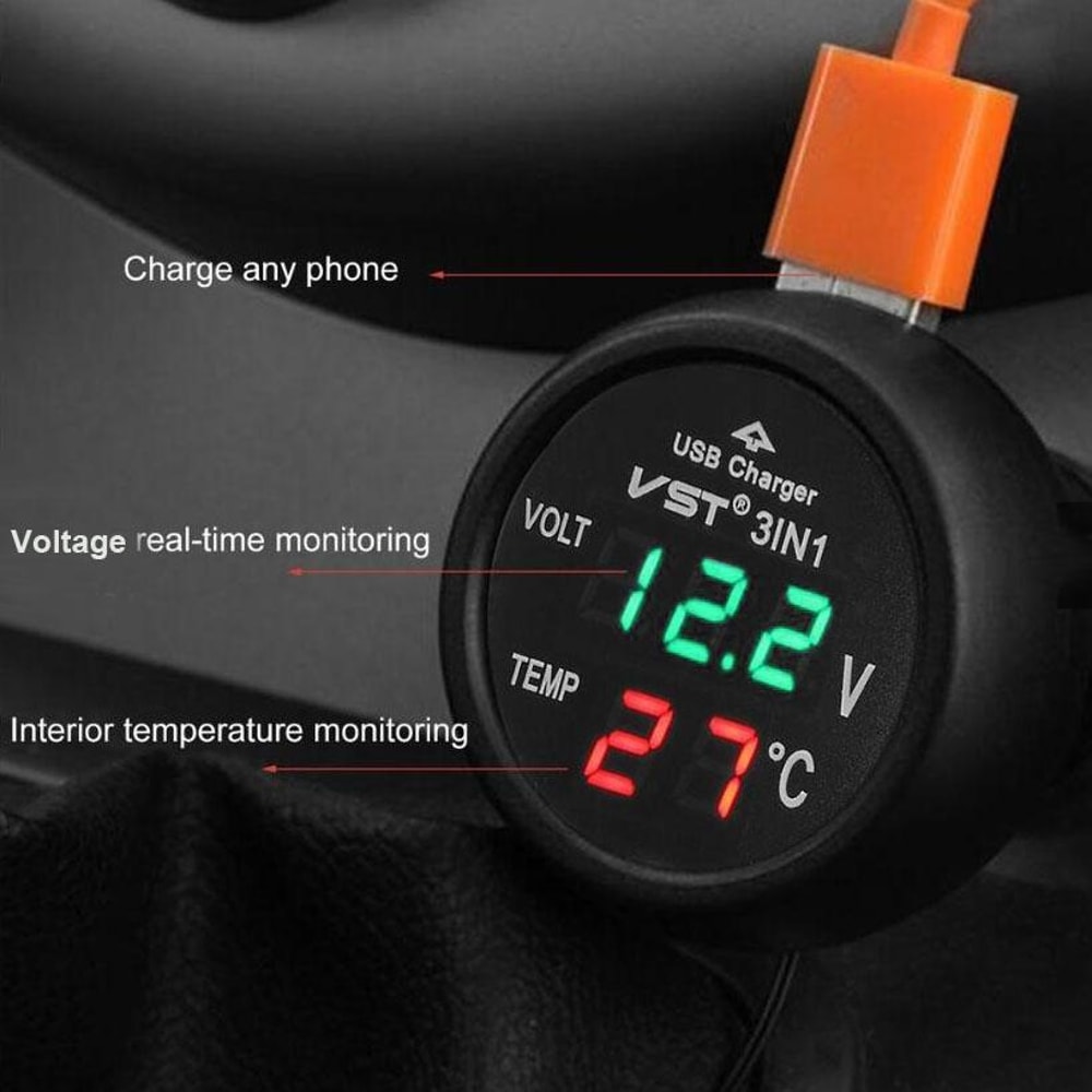 USB Charger with Voltage Detection LCD Display and Car Battery Monitor Thermometer