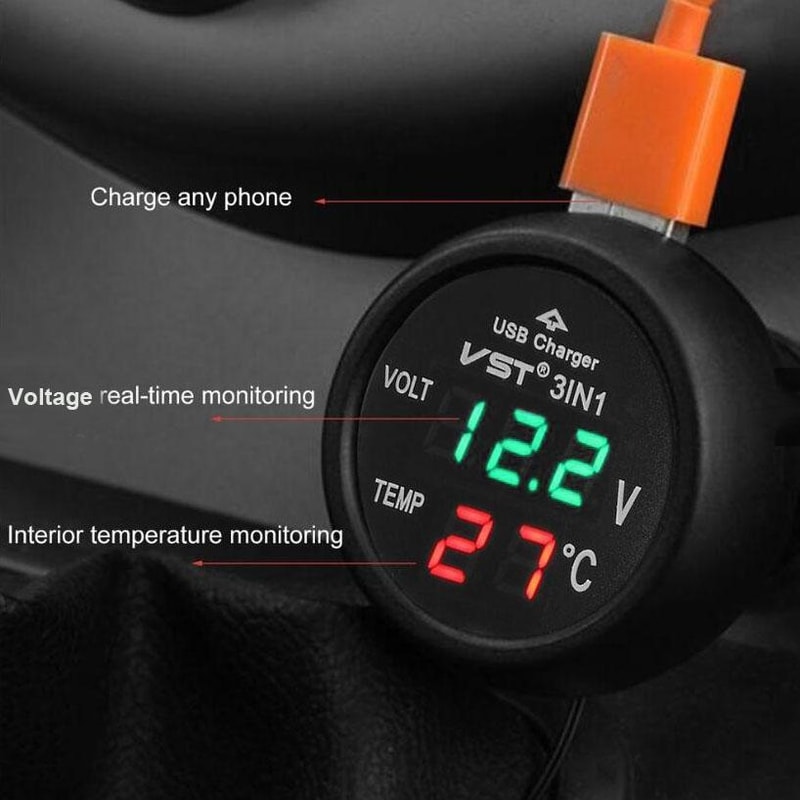 USB Charger with Voltage Detection LCD Display and Car Battery Monitor Thermometer