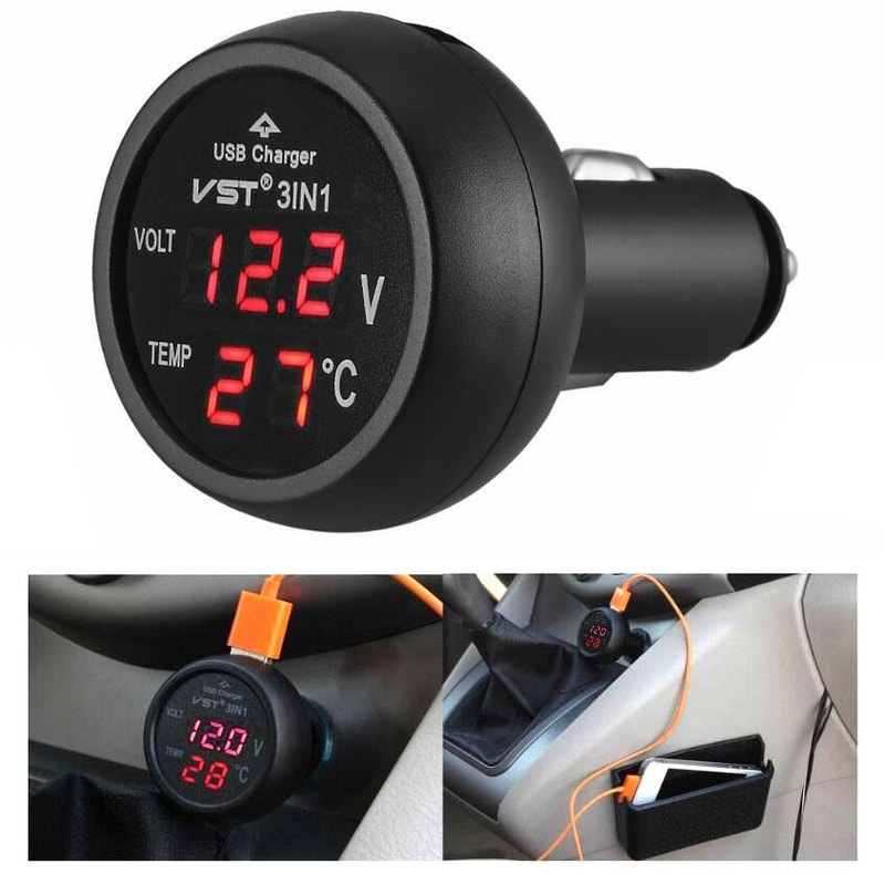 USB Charger with Voltage Detection LCD Display and Car Battery Monitor Thermometer