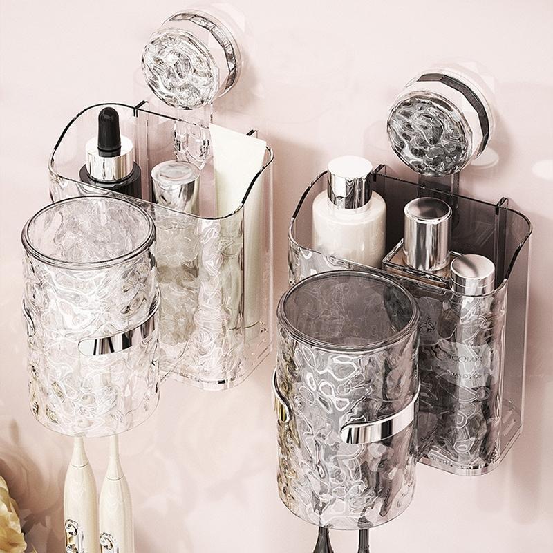 Wall Mounted Toothbrush Holder with Vacuum Suction Bathroom Organizer Storage Rack Transparent