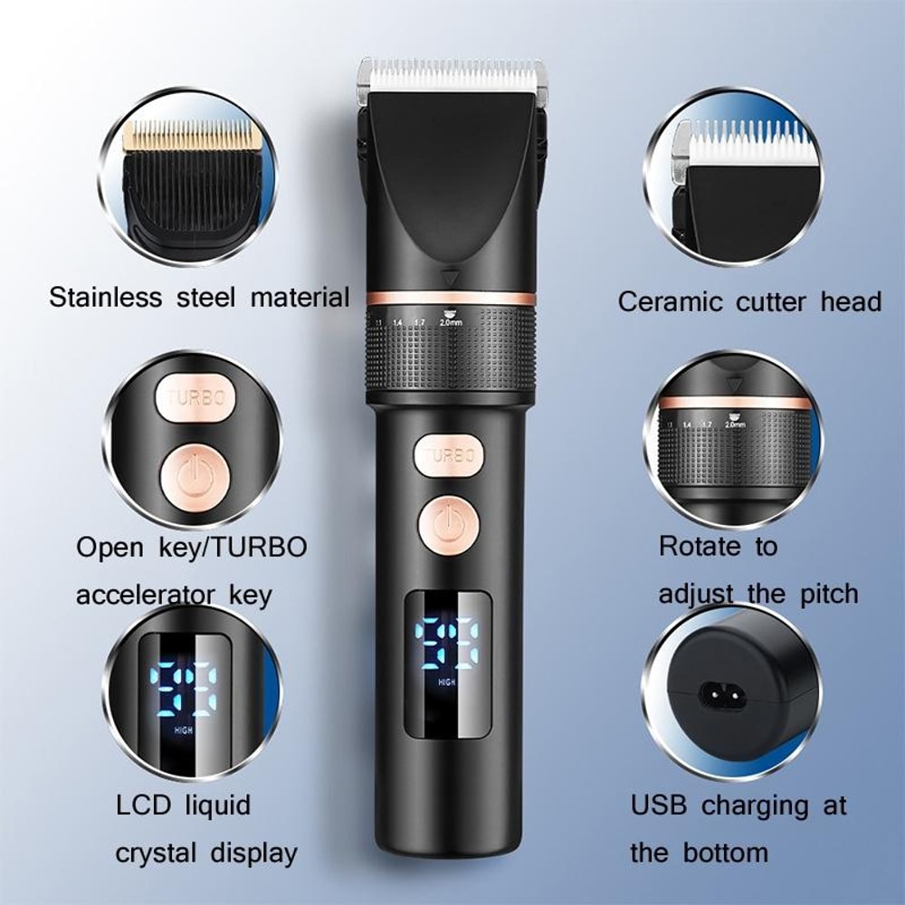 Men Electric Hair Trimmer LCD Digital Display Cordless Hair Clipper USB Rechargeable