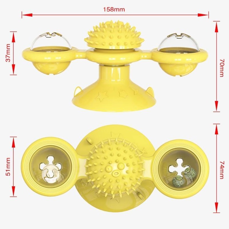 Interactive Cat Turntable Scratch Toy with Suction Cup Base, Windmill Ball Dispenser & Scratching Fun