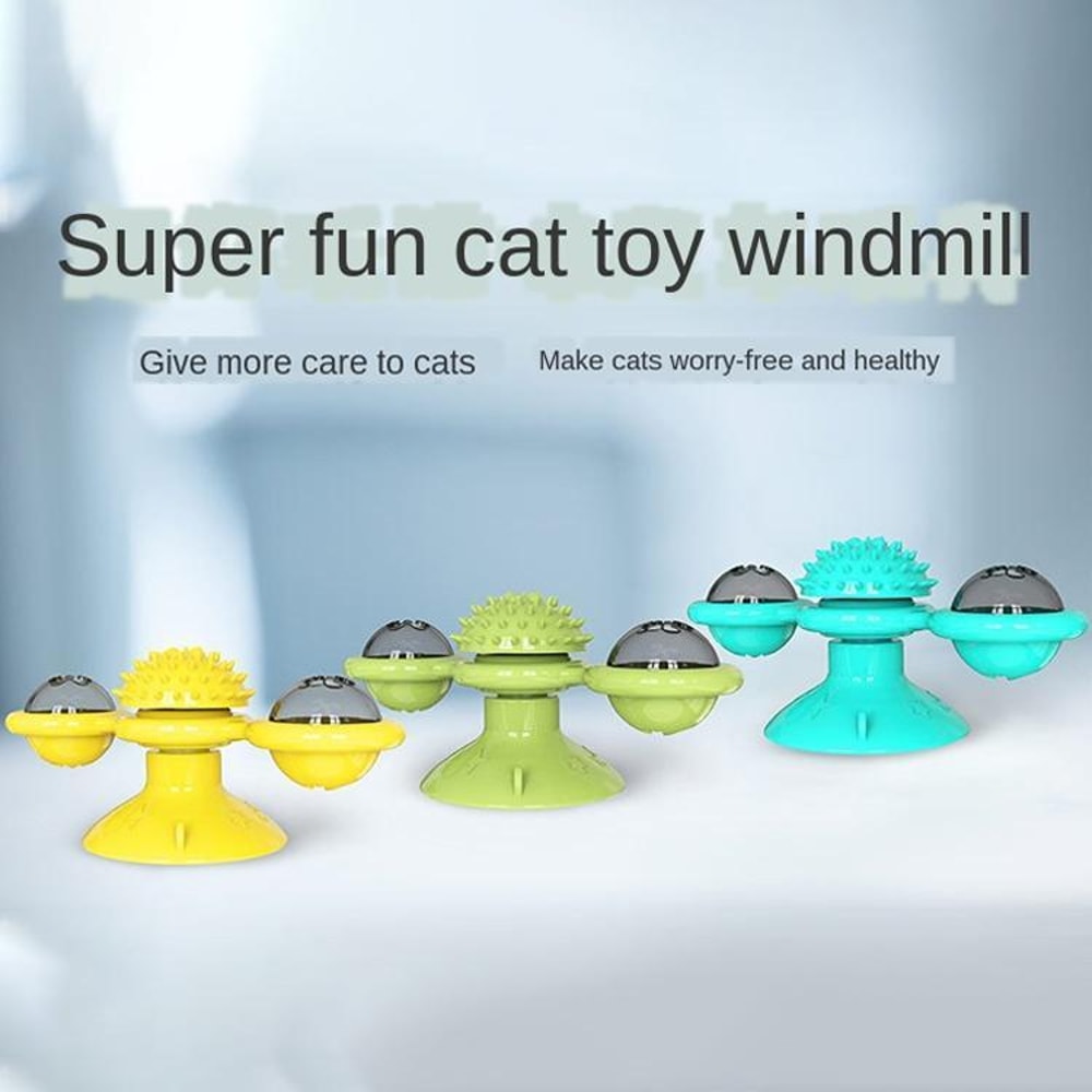 Interactive Cat Turntable Scratch Toy with Suction Cup Base, Windmill Ball Dispenser & Scratching Fun