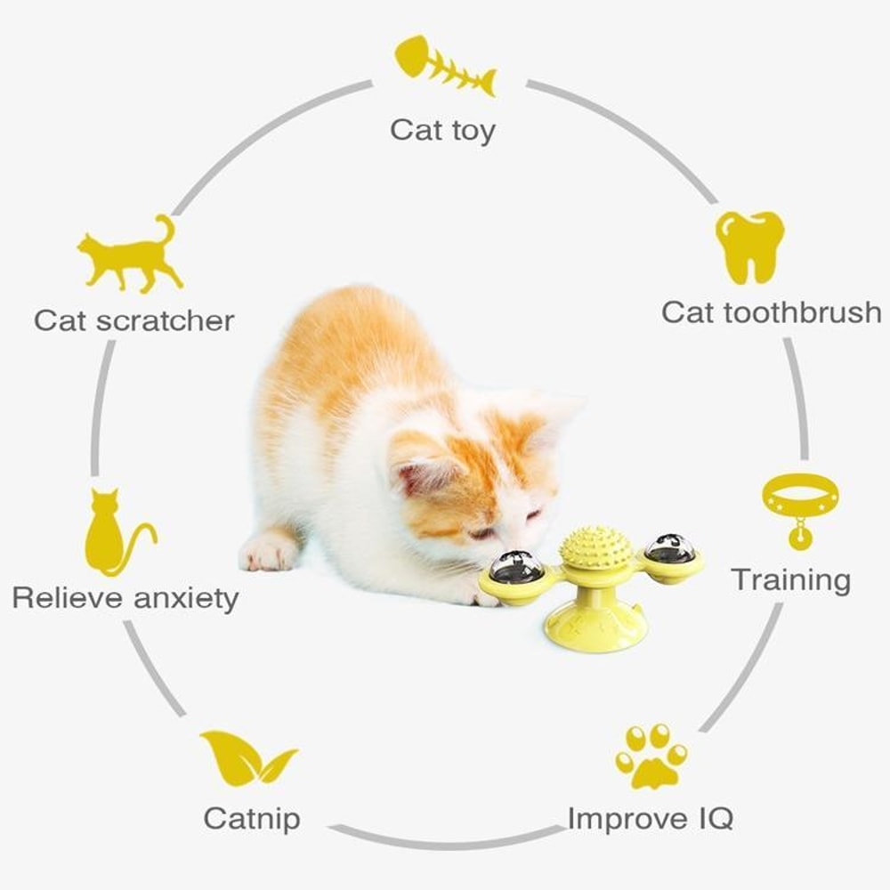 Interactive Cat Turntable Scratch Toy with Suction Cup Base, Windmill Ball Dispenser & Scratching Fun