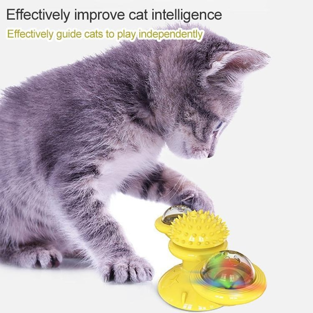 Interactive Cat Turntable Scratch Toy with Suction Cup Base, Windmill Ball Dispenser & Scratching Fun