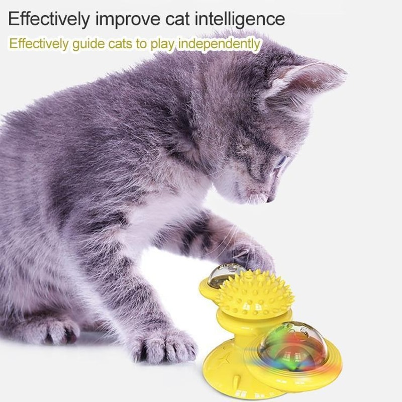 Interactive Cat Turntable Scratch Toy with Suction Cup Base, Windmill Ball Dispenser & Scratching Fun