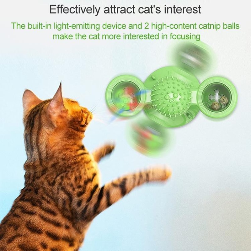 Interactive Cat Turntable Scratch Toy with Suction Cup Base, Windmill Ball Dispenser & Scratching Fun