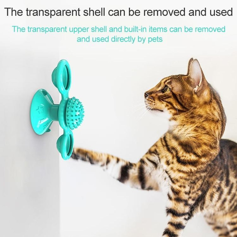 Interactive Cat Turntable Scratch Toy with Suction Cup Base, Windmill Ball Dispenser & Scratching Fun