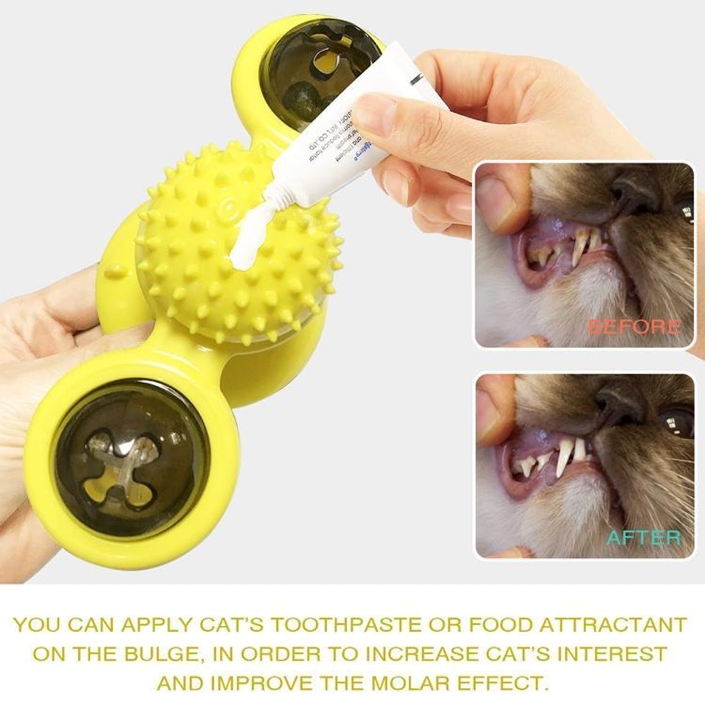 Interactive Cat Turntable Scratch Toy with Suction Cup Base, Windmill Ball Dispenser & Scratching Fun