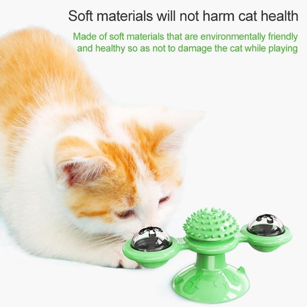 Interactive Cat Turntable Scratch Toy with Suction Cup Base, Windmill Ball Dispenser & Scratching Fun