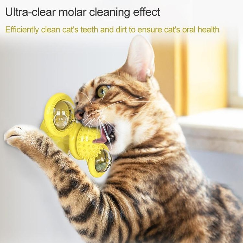 Interactive Cat Turntable Scratch Toy with Suction Cup Base, Windmill Ball Dispenser & Scratching Fun