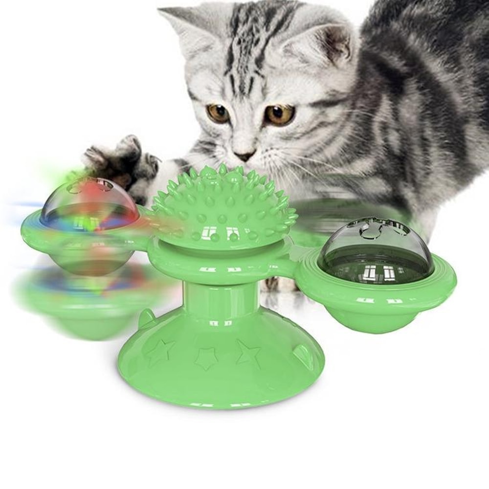 Interactive Cat Turntable Scratch Toy with Suction Cup Base, Windmill Ball Dispenser & Scratching Fun