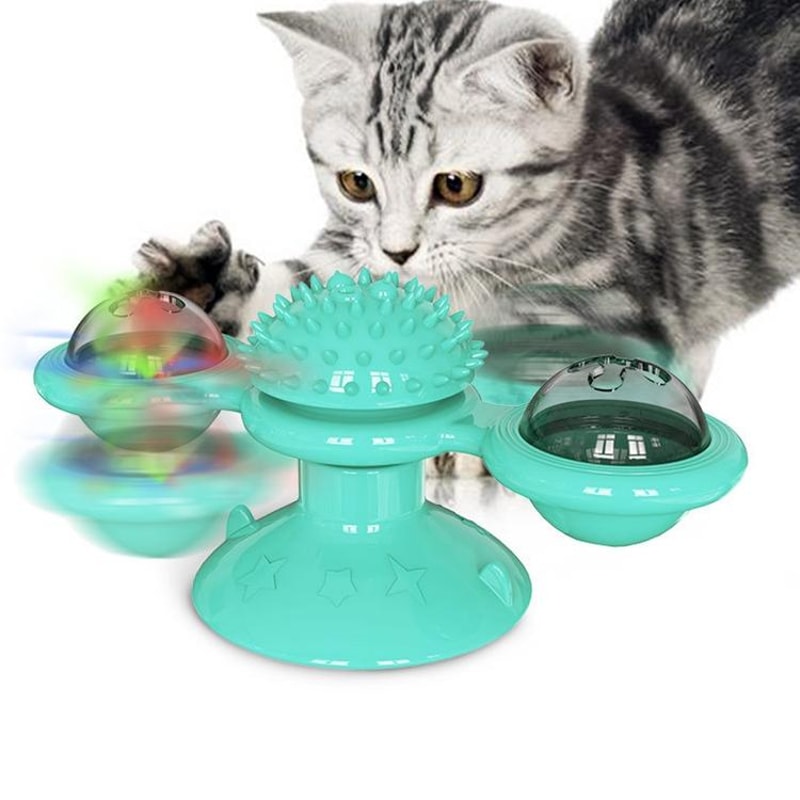 Interactive Cat Turntable Scratch Toy with Suction Cup Base, Windmill Ball Dispenser & Scratching Fun