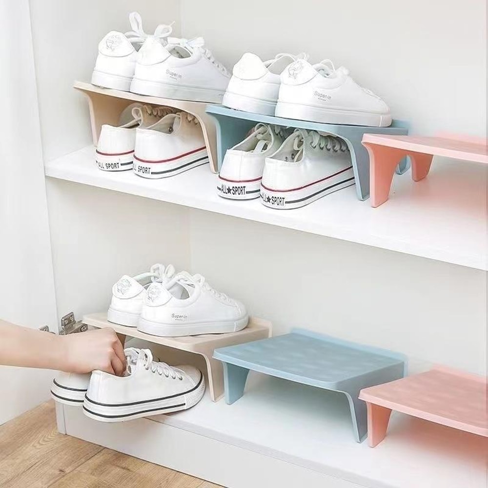 Space-Saving Shoe Organizer Rack with Double Layer Tray Stackable Shoe Storage (Pink)