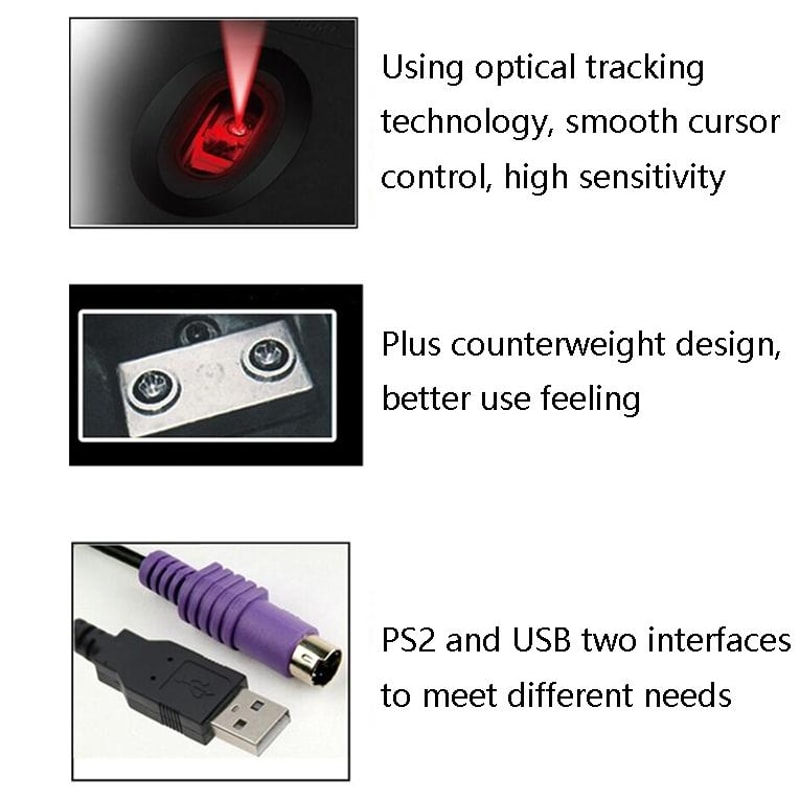 USB Wired Optical Mouse with Adjustable Button USB/PS2 Computer Mouse for Home & Office Use