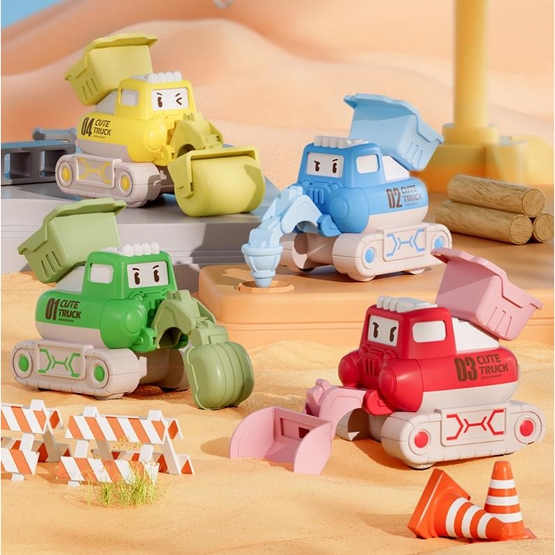 Cartoon Press and Go Inertia Toy Car Set for Kids Construction Play Vehicles