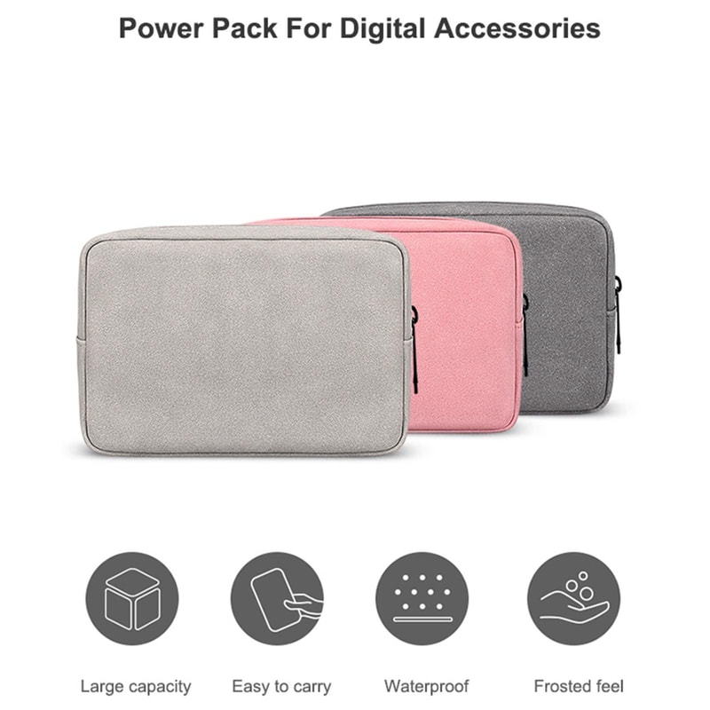 Portable Frosted PU Leather Cable Organizer Bag Dark Grey Travel Tech Storage Pouch