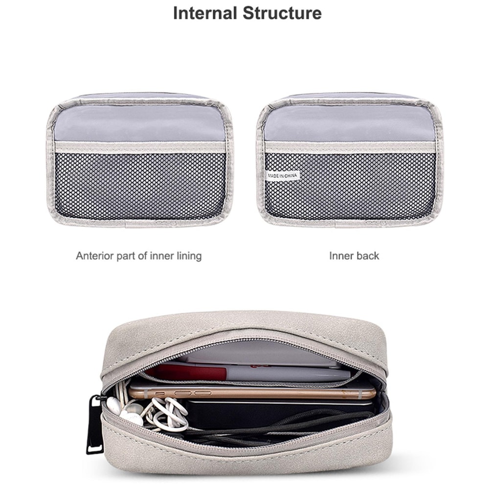 Portable Frosted PU Leather Cable Organizer Bag Dark Grey Travel Tech Storage Pouch