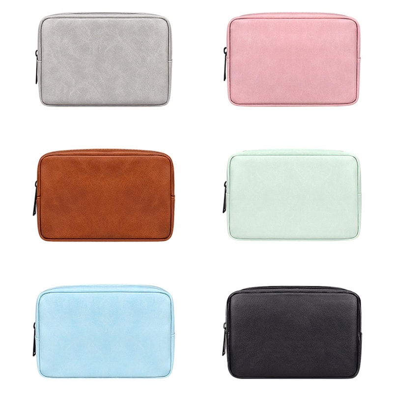 Sky Blue PU Leather Cable Organizer Bag, Portable Travel Electronics Storage Pouch