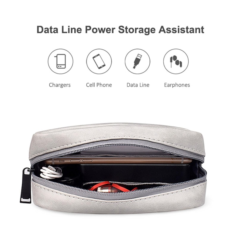 Sky Blue PU Leather Cable Organizer Bag, Portable Travel Electronics Storage Pouch