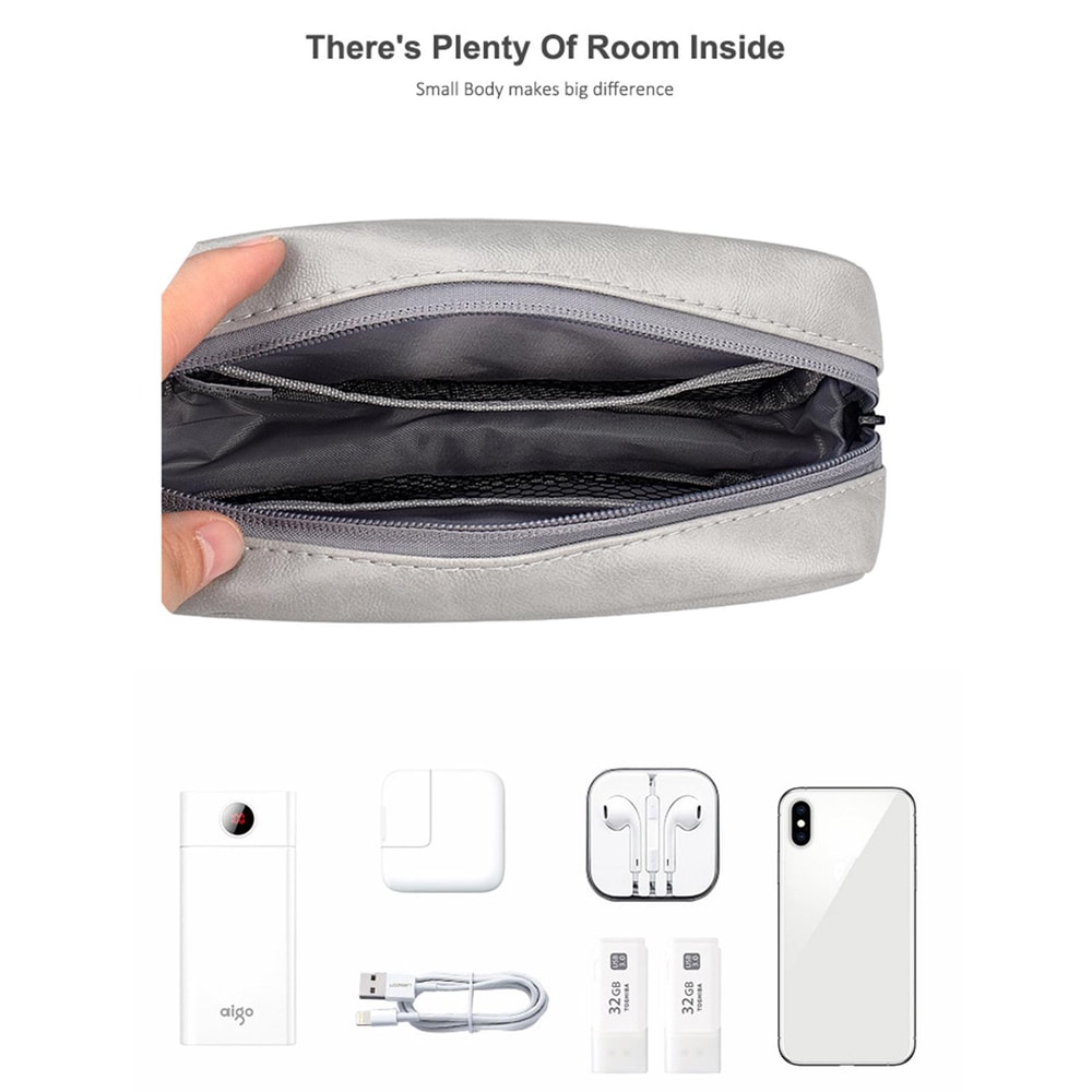 Sky Blue PU Leather Cable Organizer Bag, Portable Travel Electronics Storage Pouch