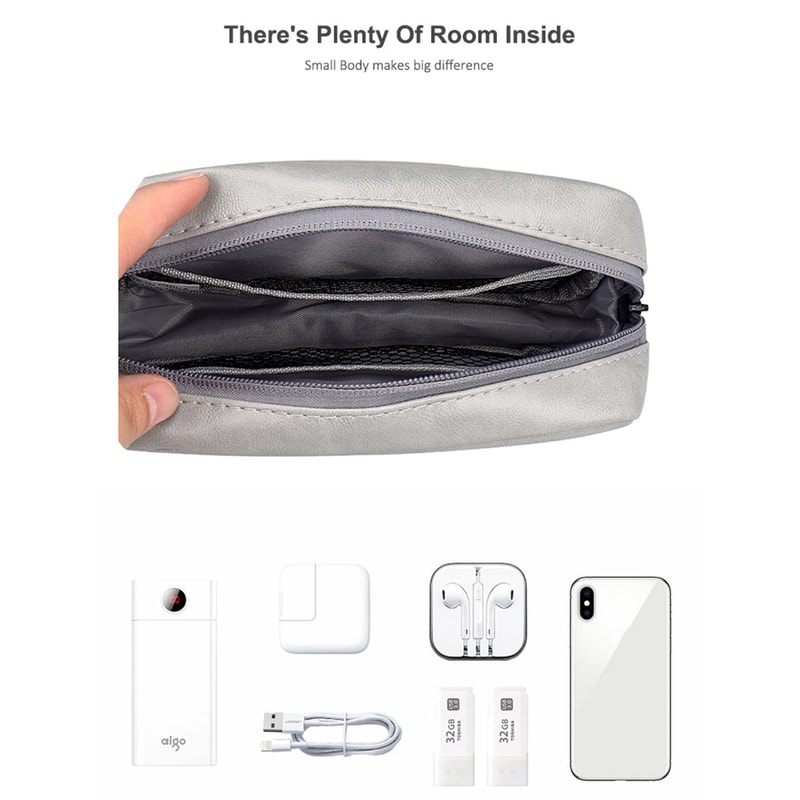 Sky Blue PU Leather Cable Organizer Bag, Portable Travel Electronics Storage Pouch