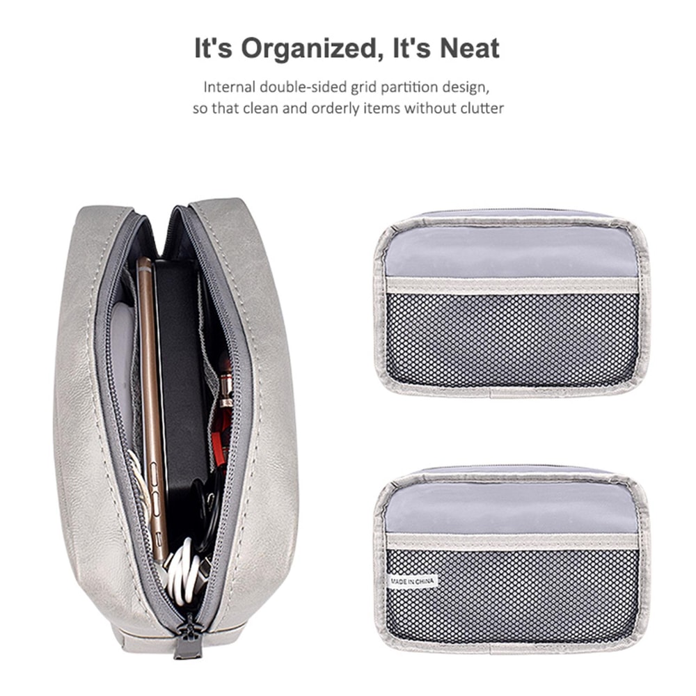 Sky Blue PU Leather Cable Organizer Bag, Portable Travel Electronics Storage Pouch