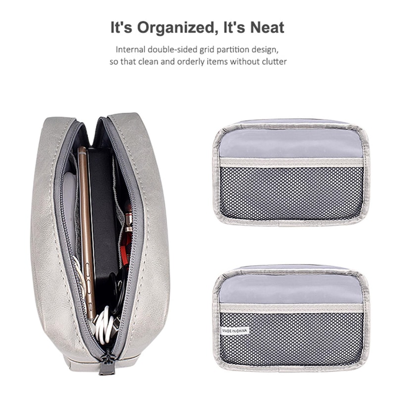 Sky Blue PU Leather Cable Organizer Bag, Portable Travel Electronics Storage Pouch