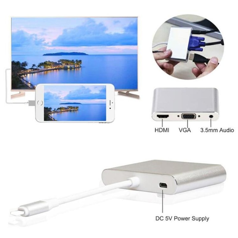3-in-1 Lightning to HDMI VGA Audio Adapter for iPhone Screen Mirroring
