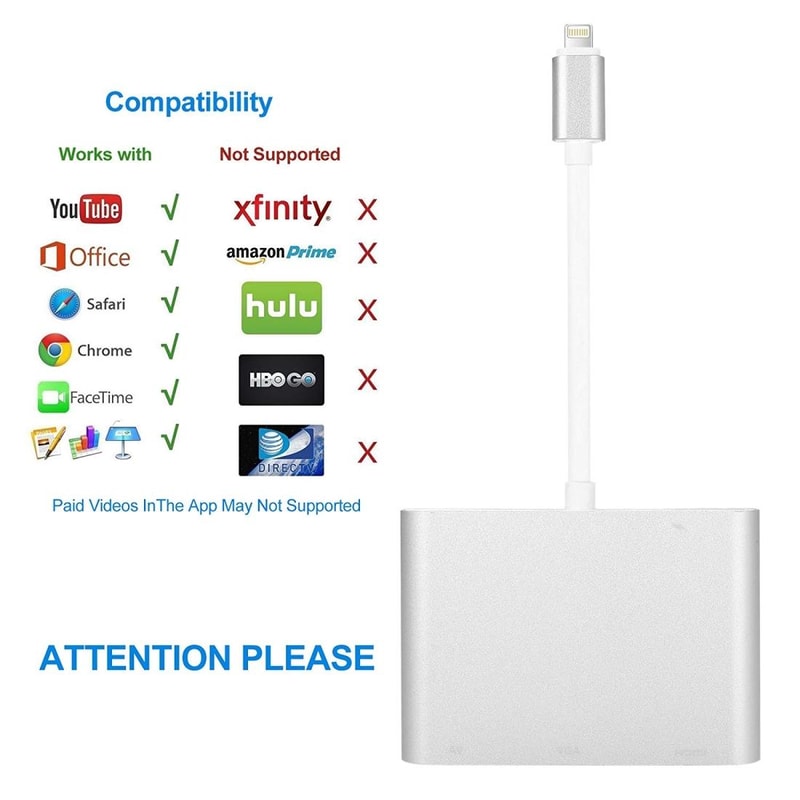 3-in-1 Lightning to HDMI VGA Audio Adapter for iPhone Screen Mirroring
