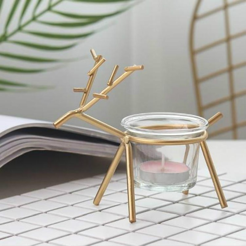 Golden Deer Candle Holder Decorative Wrought Iron Deer Candlestick With Glass Cup For Elegant Home 0