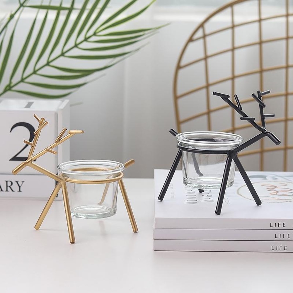 Golden Deer Candle Holder Decorative Wrought Iron Deer Candlestick With Glass Cup For Elegant Home 2